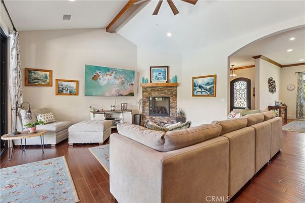 Fireplace, Interior, Living room, Recessed Lighting, Wooden Beams, Wood Texture Flooring