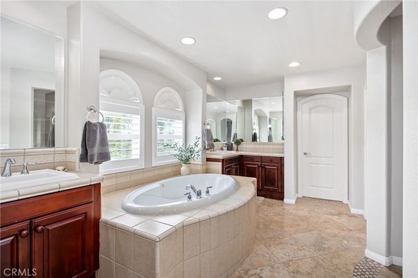 Bathroom, Dual Sink Vanities, Interior, Recessed Lighting, Tile Countertops