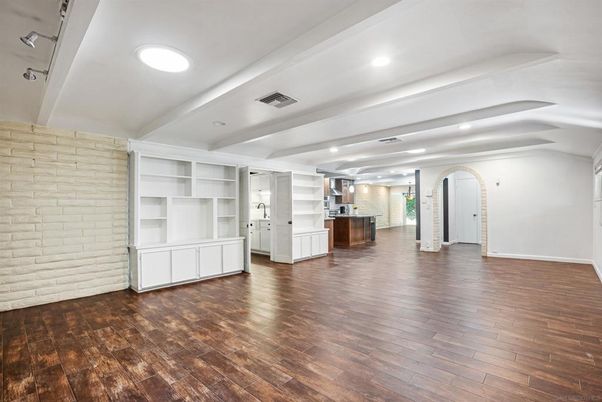 Empty room, Interior, Kitchen, Recessed Lighting, Stone Walls, Wood Texture Flooring