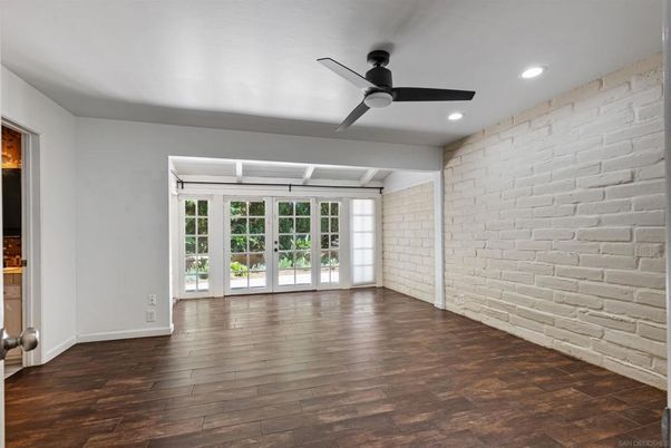 Empty room, Interior, Recessed Lighting, Stone Walls, Wood Texture Flooring