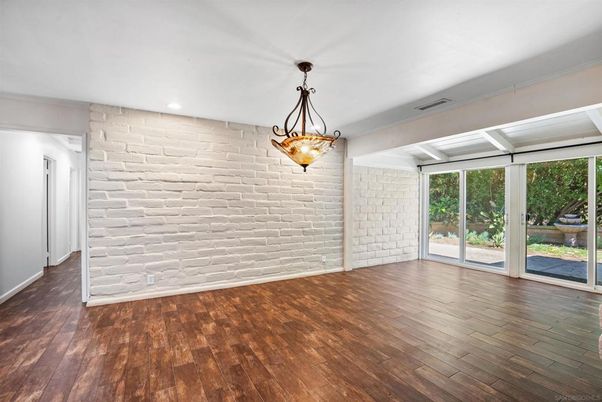 Empty room, Interior, Pendant Lights, Recessed Lighting, Stone Walls, Wood Texture Flooring