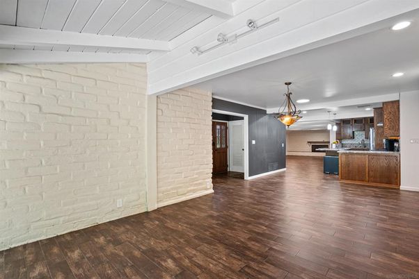 Interior, Kitchen, Pendant Lights, Recessed Lighting, Stone Walls, Wood Texture Flooring
