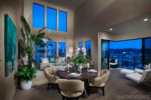 Dining room, Interior, Living room, Recessed Lighting, Stone Walls, Wood Texture Flooring