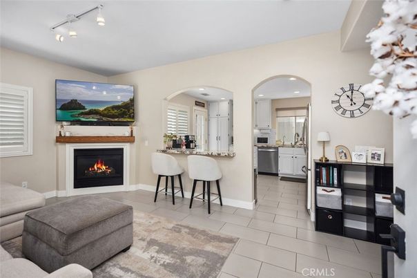 Fireplace, Interior, Kitchen, Recessed Lighting, Stainless Steel Appliances