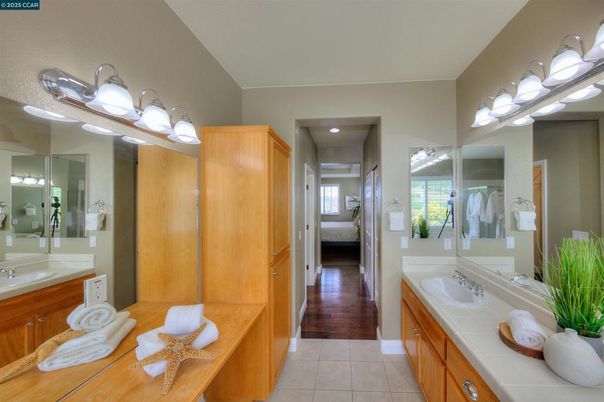 Bathroom, Dual Sink Vanities, Interior, Tile Countertops, Wood Texture Flooring