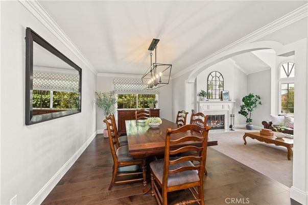 Dining room, Fireplace, Interior, Pendant Lights, Wood Texture Flooring
