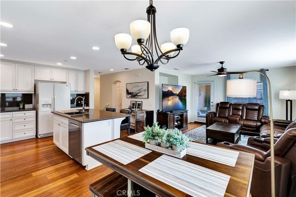 Chandelier, Dining room, Interior, Kitchen, Living room, Recessed Lighting, Wood Texture Flooring