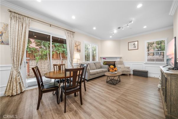 Dining room, Interior, Living room, Recessed Lighting, Wood Texture Flooring