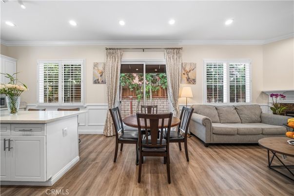 Dining room, Interior, Living room, Recessed Lighting, Wood Texture Flooring