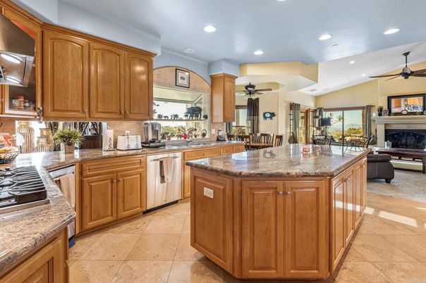 Dining room, Fireplace, Interior, Kitchen, Living room, Recessed Lighting, Stainless Steel Appliances