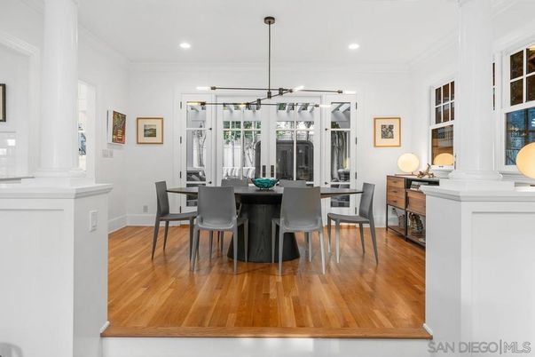 Dining room, Interior, Pendant Lights, Recessed Lighting, Wood Texture Flooring