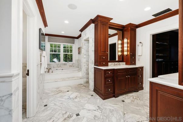 Bathroom, Dual Sink Vanities, Interior, Marble, Recessed Lighting