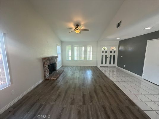 Empty room, Fireplace, Interior, Recessed Lighting, Wood Texture Flooring