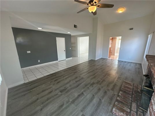 Empty room, Fireplace, Interior, Recessed Lighting, Wood Texture Flooring