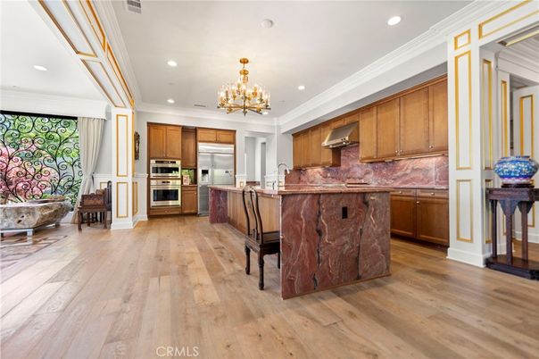 Chandelier, Interior, Kitchen, Recessed Lighting, Stainless Steel Appliances, Wood Texture Flooring