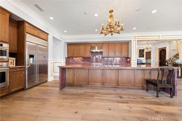 Chandelier, Interior, Kitchen, Pendant Lights, Recessed Lighting, Stainless Steel Appliances, Wood Texture Flooring