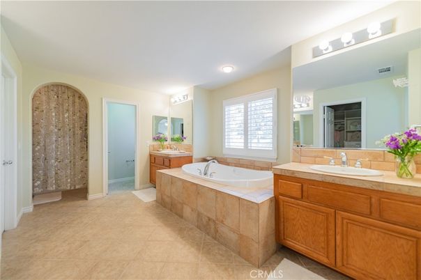Bathroom, Dual Sink Vanities, Interior, Recessed Lighting, Tile Countertops