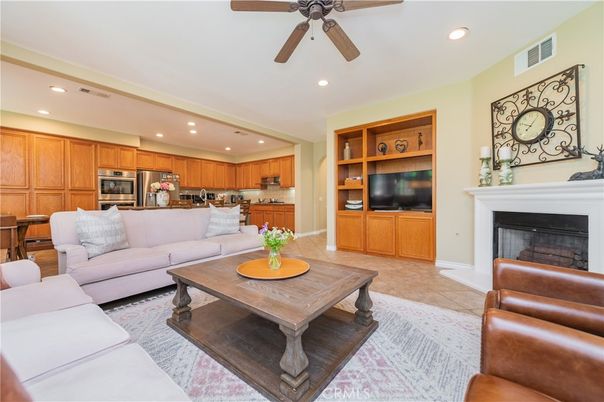 Fireplace, Interior, Kitchen, Living room, Recessed Lighting, Stainless Steel Appliances