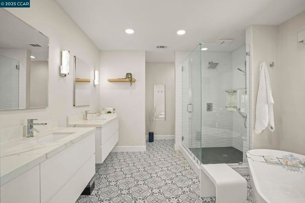 Bathroom, Dual Sink Vanities, Glass Shower, Interior, Recessed Lighting