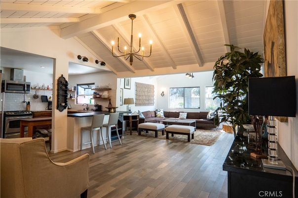 Chandelier, Interior, Kitchen, Living room, Stainless Steel Appliances, Wooden Beams, Wood Texture Flooring