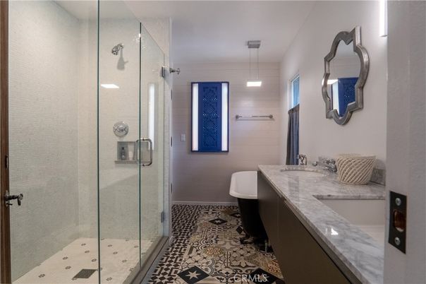 Bathroom, Dual Sink Vanities, Glass Shower, Interior, Pendant Lights, Recessed Lighting