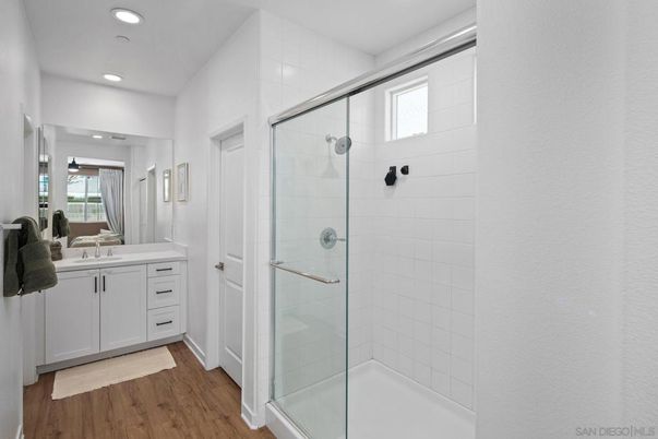 Bathroom, Glass Shower, Interior, Recessed Lighting, Wood Texture Flooring