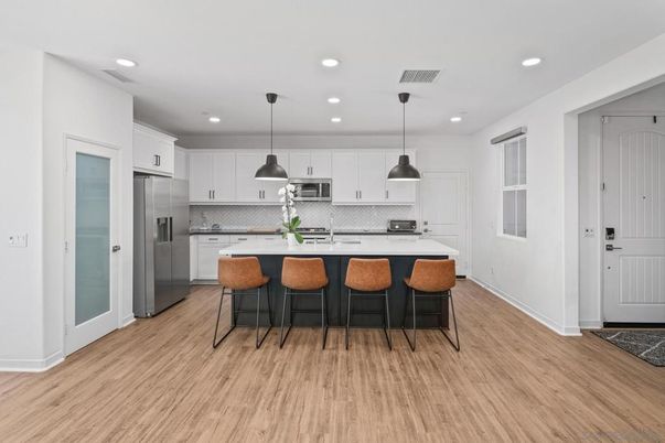 Interior, Kitchen, Pendant Lights, Recessed Lighting, Stainless Steel Appliances, Wood Texture Flooring