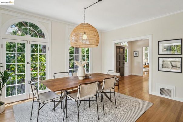 Dining room, Interior, Pendant Lights, Wood Texture Flooring