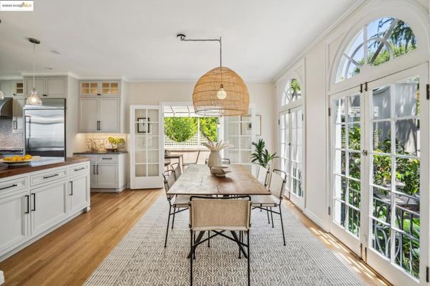Dining room, Interior, Kitchen, Pendant Lights, Stainless Steel Appliances, Wood Texture Flooring