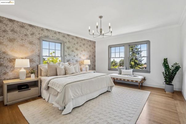 Bedroom, Chandelier, Interior, Wood Texture Flooring