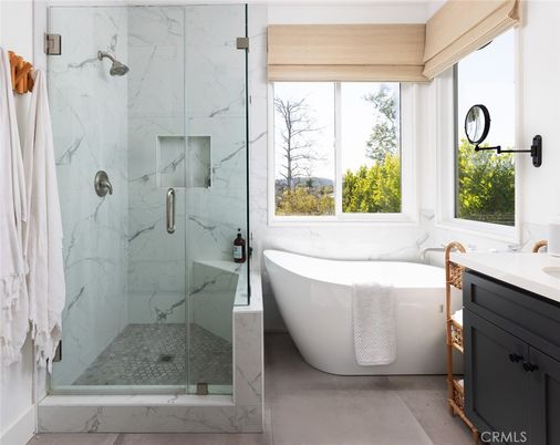 Bathroom, Free Standing Baths, Glass Shower, Interior, Marble Walls