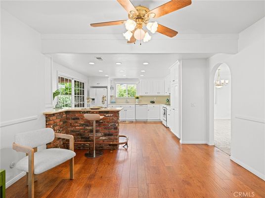 Interior, Kitchen, Recessed Lighting, Stone Walls, Wood Texture Flooring