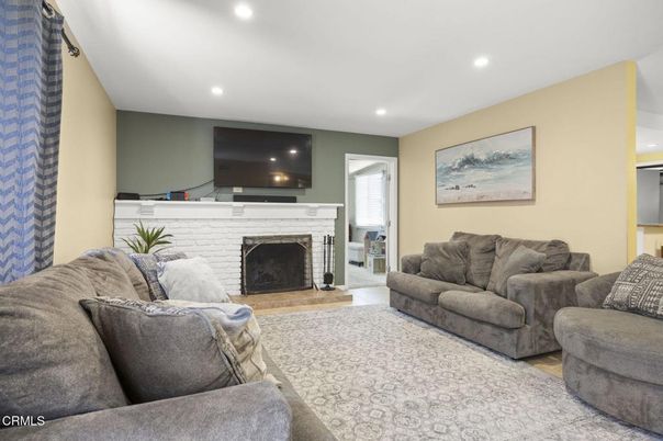Fireplace, Interior, Living room, Recessed Lighting, Wood Texture Flooring
