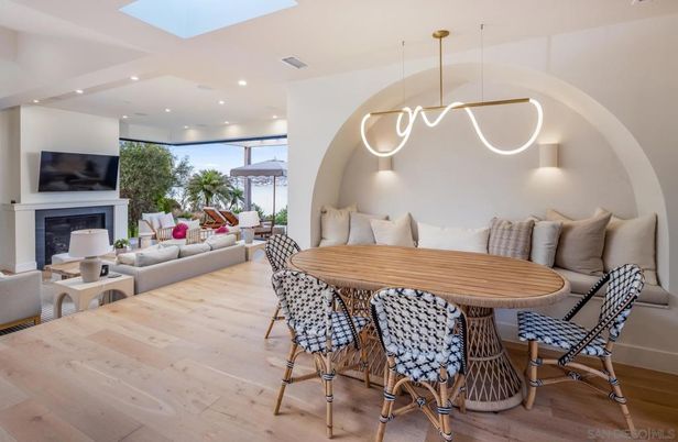 Dining room, Fireplace, Interior, Living room, Pendant Lights, Recessed Lighting, Wood Texture Flooring