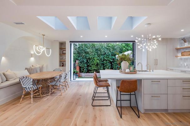 Dining room, Interior, Pendant Lights, Recessed Lighting, Wood Texture Flooring