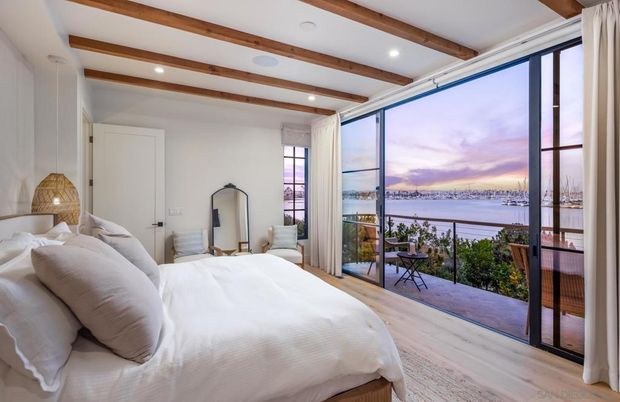Bedroom, Interior, Recessed Lighting, Water, Wooden Beams, Wood Texture Flooring