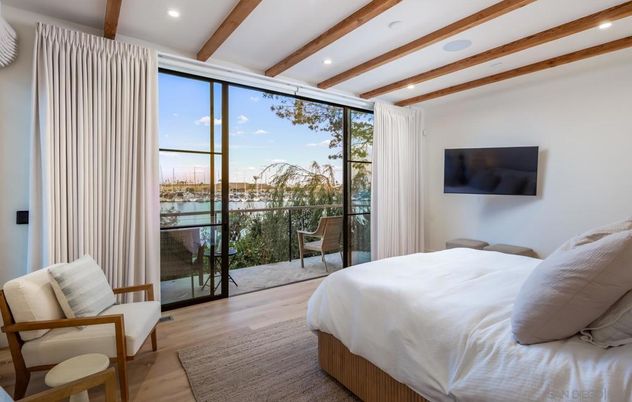 Bedroom, Interior, Recessed Lighting, Water, Wooden Beams, Wood Texture Flooring