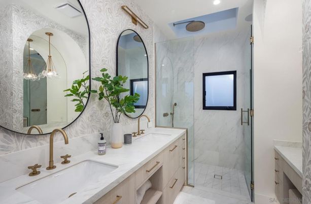 Bathroom, Dual Sink Vanities, Glass Shower, Interior, Marble Walls, Recessed Lighting