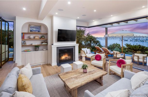 Fireplace, Interior, Living room, Recessed Lighting, Water, Wood Texture Flooring