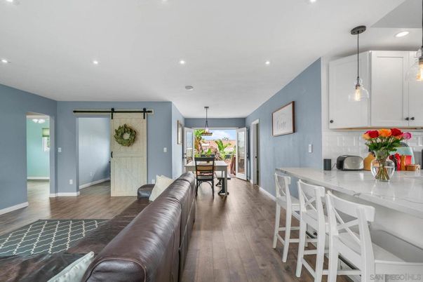 Dining room, Interior, Pendant Lights, Recessed Lighting, Wood Texture Flooring