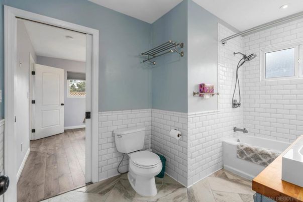 Bathroom, Interior, Marble, Recessed Lighting, Wood Texture Flooring