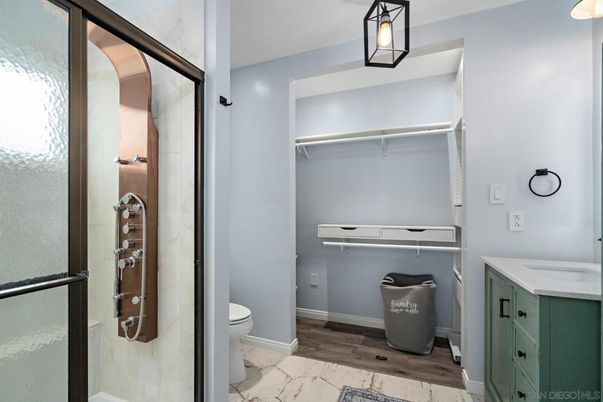 Bathroom, Glass Shower, Interior, Wood Texture Flooring