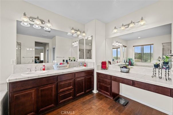 Bathroom, Dual Sink Vanities, Interior, Tile Countertops, Wood Texture Flooring