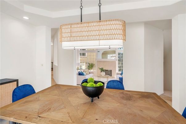 Dining room, Interior, Pendant Lights, Recessed Lighting, Wood Texture Flooring