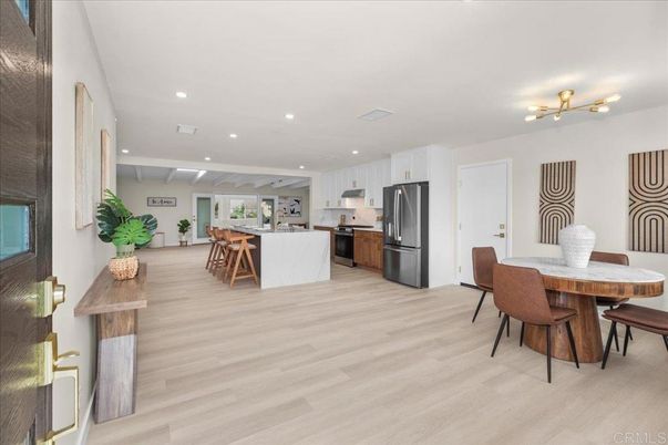 Dining room, Interior, Kitchen, Recessed Lighting, Stainless Steel Appliances, Wood Texture Flooring