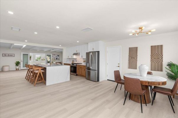 Dining room, Interior, Kitchen, Recessed Lighting, Stainless Steel Appliances, Wood Texture Flooring