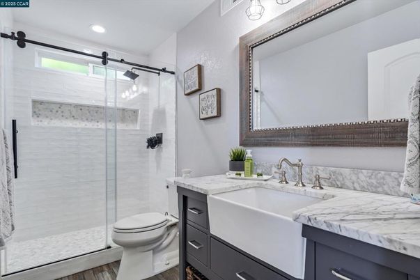 Bathroom, Glass Shower, Interior, Recessed Lighting, Wood Texture Flooring