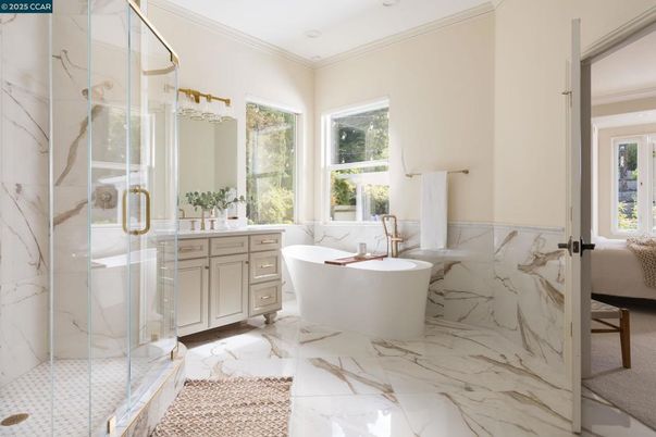 Bathroom, Free Standing Baths, Glass Shower, Interior, Marble, Marble Walls, Recessed Lighting