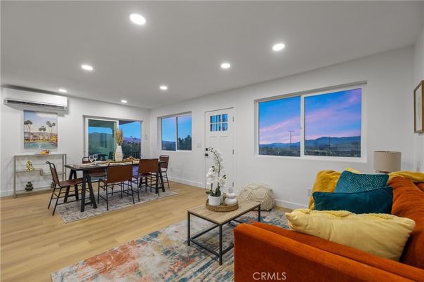 Dining room, Interior, Living room, Recessed Lighting, Wood Texture Flooring