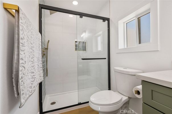 Bathroom, Glass Shower, Interior, Recessed Lighting, Wood Texture Flooring